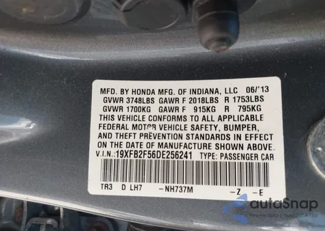 2013 Honda Civic Lx z USA, uszkodzony, nr VIN 19XFB2F56DE256241